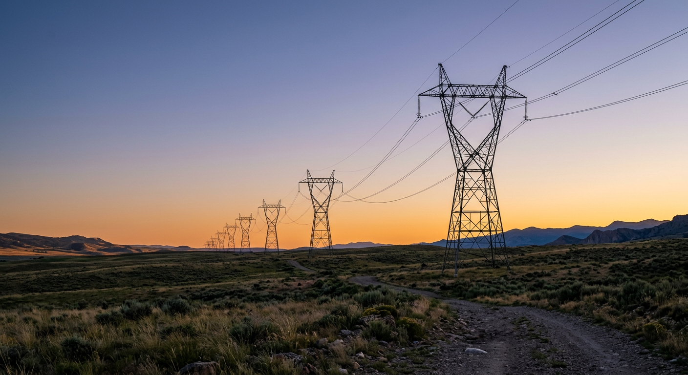 High-voltage transmission towers at dusk