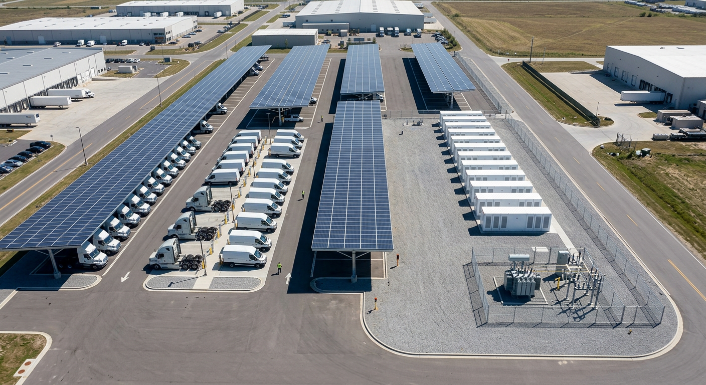 Aerial view of a depot with solar canopies and battery storage containers